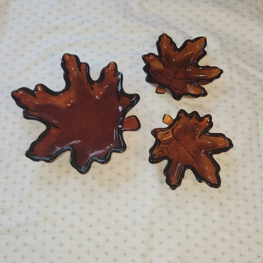Set of 3 Vintage Amber color glass Maple leaf dishes